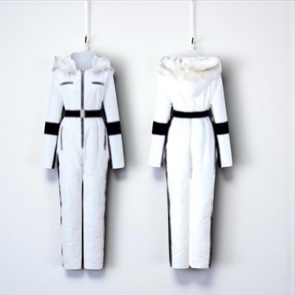 S - 2XL winter SNOWSUIT white album black stripe womens skisuit belted insulated - Picture 2 of 16